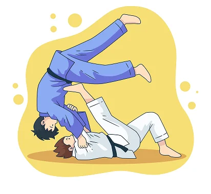 Two martial artists in blue and white gis are engaged in a judo match. One is executing a throw, lifting the other off the ground against a yellow background.