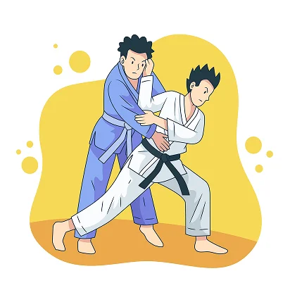 Two martial artists demonstrate a judo technique. One, in a blue gi, performs a throw on the other, in a white gi. The background is a yellow abstract shape.