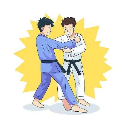 Two animated martial artists wearing blue and white uniforms with black belts practice judo. The scene is dynamic, set against a yellow starburst.