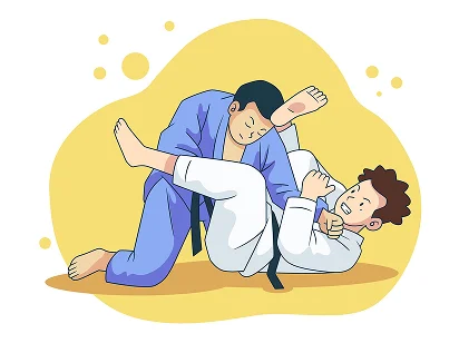 Two people practice judo on a yellow mat, one in a blue gi pinning the other in a white gi. The scene is dynamic, conveying focus and strategy.